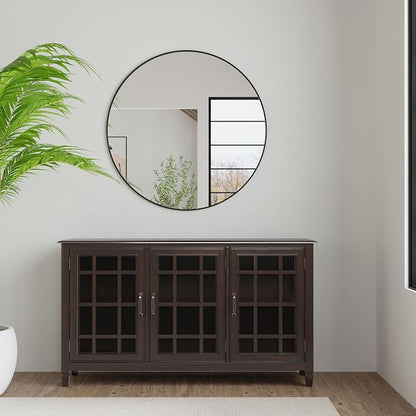 SIMPLIHOME Connaught 60" Solid Wood Buffet in Chestnut Brown | Traditional sideboard buffet with glass doors and adjustable shelves for organized dining or living room storage.