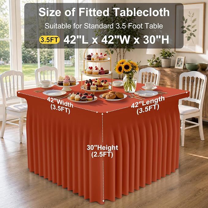 Smiry Spandex Elastic Fitted Table Cloth Skirt for 4FT Square Table | Stretch Washable Table Cloth, Banquet Table Cover for Wedding, Party, Indoor & Trade Shows, (Rust, 42Lx42Wx30H)
