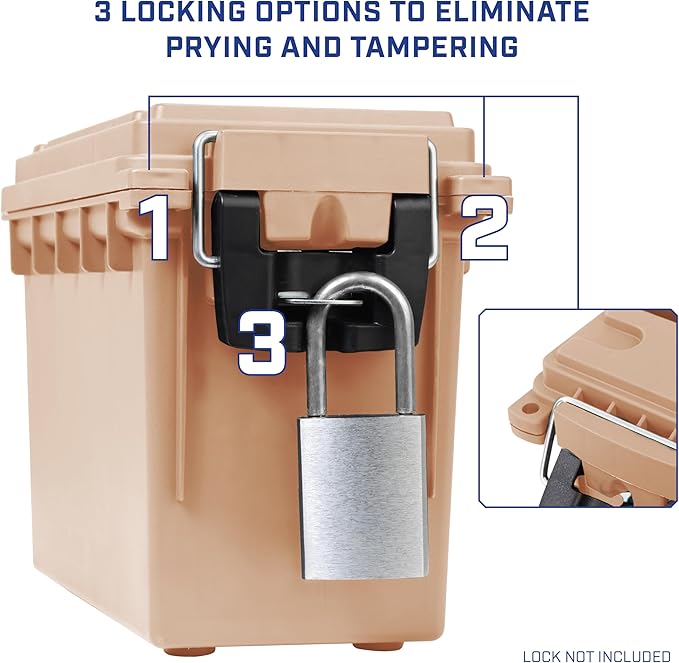 Sheffield Ammo Box Made in USA, Stackable Lockable Ammo Storage Box, Tan | Lockable Storage Box, Water and Dust Resistant Dry Box, Secures Hunting Gear, Gun Accessories, Supplies, and Bullets