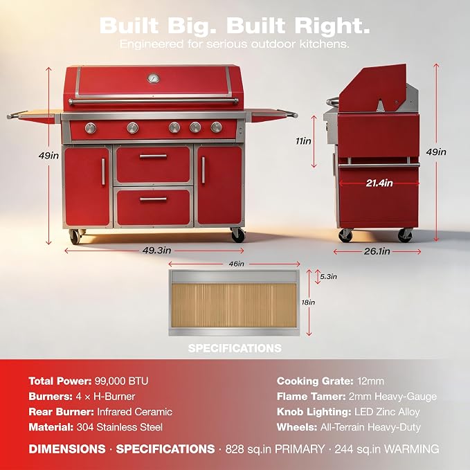 49" Stainless Steel Propane Gas Grill, 4 Burners & Infrared Burner, Red | 304 stainless steel 99,000 BTU Dual-lined hood Easy ignition Warming rack Storage drawers Gliding wheels