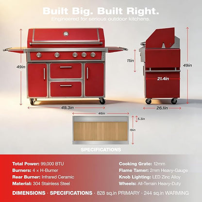 49" Stainless Steel Propane Gas Grill, 4 Burners & Infrared Burner, Red | 304 stainless steel 99,000 BTU Dual-lined hood Easy ignition Warming rack Storage drawers Gliding wheels