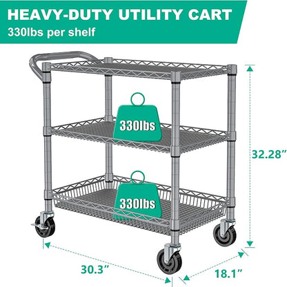 Folews Heavy Duty Rolling Cart with Wheels, 990LBS Metal Utility Cart | 3-Tier NSF Rolling Storage Organizer, Adjustable Shelves & Basket, Lockable Casters, Commercial Storage Trolley, Gray