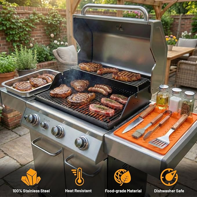 Grilling Prep and Serve Trays, Set of 5 Stackable Stainless Steel BBQ Trays with Lid & Cutting Board & Silicone Mat, Deep Marinating Container, Serving Platter for Plating Food, Large BBQ Prep Tub