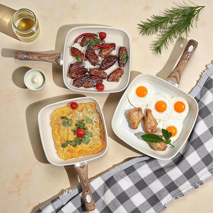 3-Piece Nonstick Grill Pan Set, Square Griddle Pans with Wooden Handle, Compatible with All Stovetops, Ideal for Steak, BBQ & Vegetables, 9.5", 10.2", 11", White