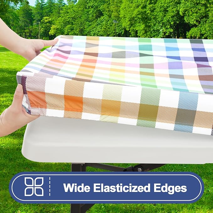 Smiry Picnic Table Cover with Bench Covers, Waterproof Elastic Fitted Tablecloths for 5 Foot Rectangle Tables, Washable Buffalo Plaid Tablecloth for Camping, Outdoor (Yellow & Green, 30"x60")