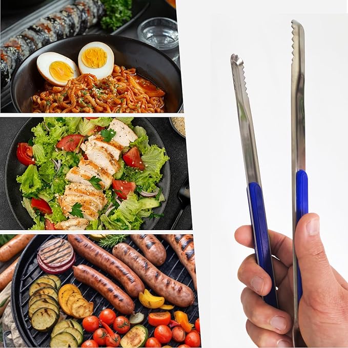 COELO [2-Pack] Stainless Steel Kitchen Metal Tongs Set, Serrated Design Barbeque Grilling Tool Baking Cooking Serving Utensil Great for Samgyeopsal Korean BBQ Grill, 10-Inch, Silver
