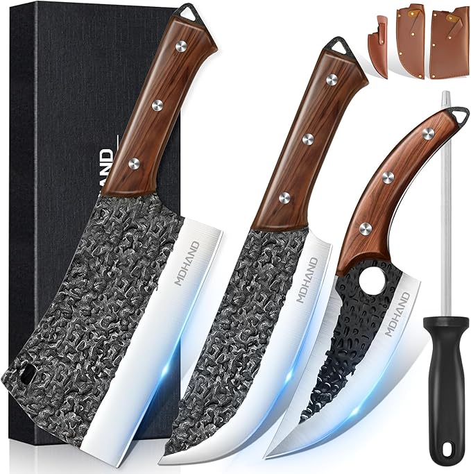MDHAND Butcher Knife Set, 8PCS Hand Forged Butcher Chef Knife Set, High Carbon Steel Full Tang Kitchen Knives Set, Heavy Duty Meat Cleaver for Outdoor Camping BBQ, Gift for Men