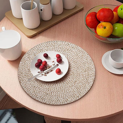 Hausattire Jute Braided Placemats 14 Inches Round Set of 4 Reversible Handwoven Boho Vintage Easter Placemats for Kitchen Dining Tables|BBQ's Farmhouse Decor Indoor & Outdoor Parties |Off-White