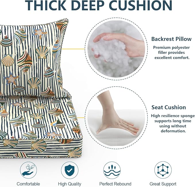 DYTXIII Outdoor Deep Seat Cushion Set, Water Repellent 24"x24" Patio Thick Cushions Replacement with Seat & Back Pillow for Patio Sofa, Wicker Chair, Couch - Crayon Shells