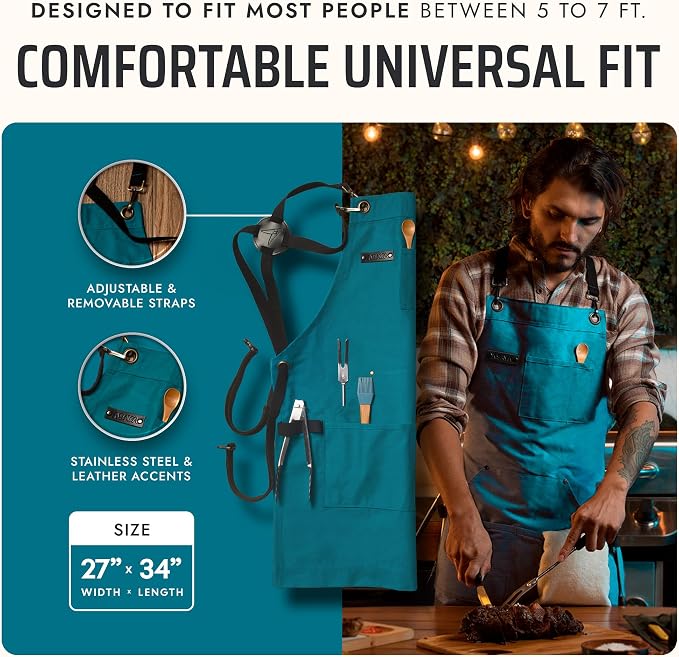 Asaya Chef and BBQ Apron with Bottle Opener and Hand Towel - 10oz Cotton Canvas, Stainless Steel Hardware - Cross Back Straps