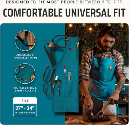 Asaya Chef and BBQ Apron with Bottle Opener and Hand Towel - 10oz Cotton Canvas, Stainless Steel Hardware - Cross Back Straps
