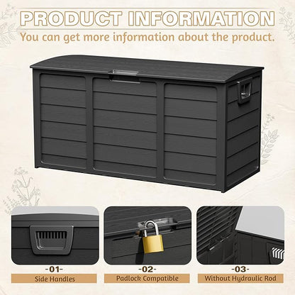 75 Gallon Outdoor Deck Storage Box – Heavy Duty Resin with Lockable Lid,UV Resistant for Patio Furniture, Garden Tools,Black