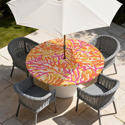Outdoor Tablecloth with Umbrella Hole and Zipper Fits 61-65" Tables | Waterproof Round Fitted Tablecloth with Elastic Edge, Wipeable Outdoor Table Cover for Patio, Garden, Picnic