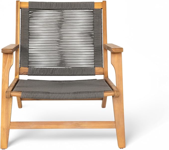 Christopher Knight Home Veera Patio Lounge Chair Set of 2, Acacia Wood Frame, Handwoven Rope, Mid-Century Modern, Dark Grey & Teak
