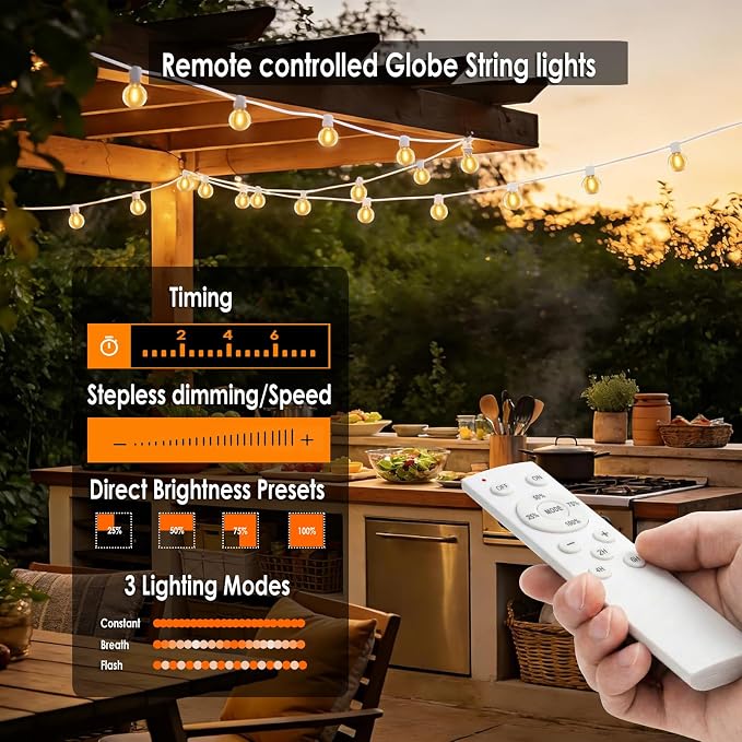 G40 Globe String Lights 50FT with 50+2 Bulbs,Remote Controlled Party lights | 1ft spacing,2200K Warm White,Dimmer/Timer included, Bistro Lights with 3 Light Modes & Memory function