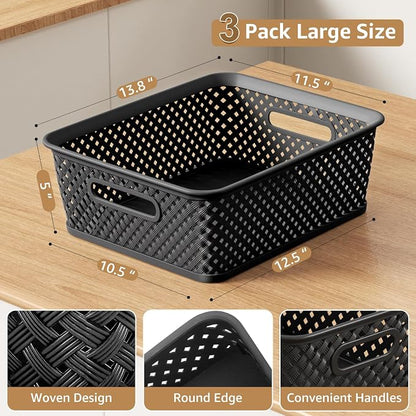 MaxGear 3 Pack Plastic Storage Baskets, Large, Black | Durable Woven Plastic with Built-In Handles, Suitable for Shelves, Closets, Cabinets, Bathrooms and Offices