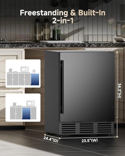 24 Inch Beverage Refrigerator, 181 Cans Under Counter Refrigerator, Outdoor Fridge with Stainless Steel Door, for Soda/Water/Beer, Outdoor Refrigerator for Patio/Outdoor Kitchen/Bar/Office (Black)