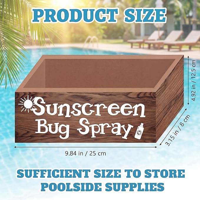 CroBlissful Sunscreen Bug Spray Storage Basket Summer Beach Wooden Box with 3 Compartment Dark Brown Toilet Tank Tray for Indoor Outdoor Swimming Pool Decor Sunblock Sunglasses Pool Toy Storage Basket