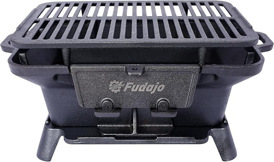 Portable Cast Iron Charcoal Grill, 16" x 10.2" Tabletop Hibachi BBQ Grill, Heavy Duty Outdoor Camping Stove for Backyard, Picnic, Tailgating & Hunting