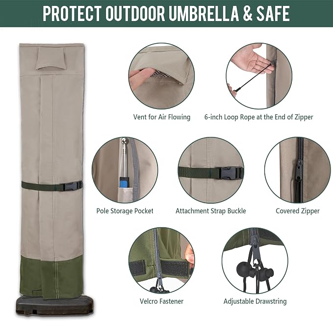 Rachmi 600D Patio Cantilever Offset Umbrella Cover 9-13 Ft, Khaki-Green | Water-resistant, UV & fade-proof cover, Fits round or square outdoor garden parasol, Includes zipper, rod, storage bag