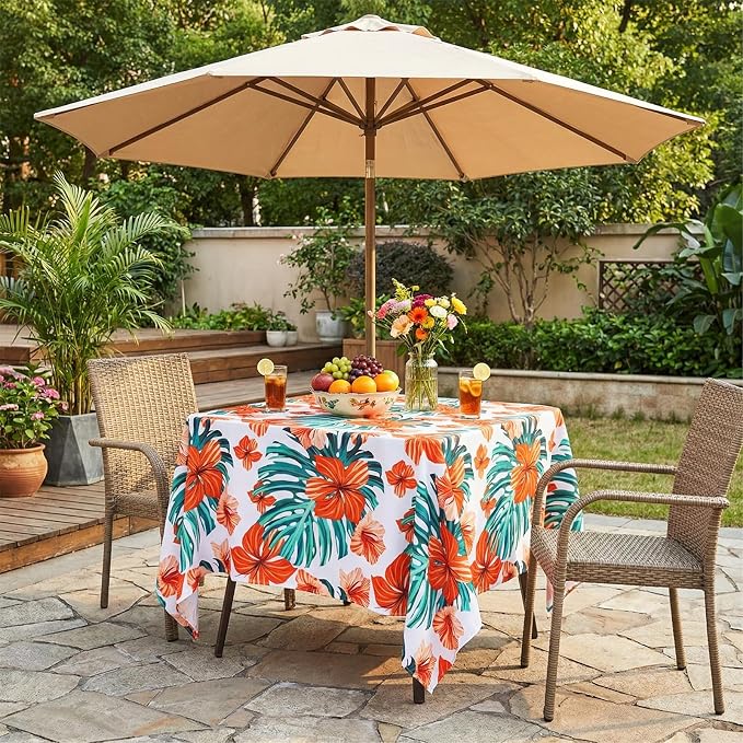 SquarePie Rectangle Outdoor Tablecloth with Umbrella Hole 60x84 inch,Water Resistant SpillProof Patio Zippered Table Cloth for Spring Summer Camping Garden Poolside Picnic BBQS,Palm Leaf Orange Flower