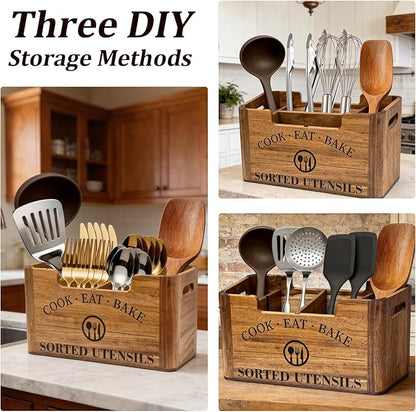 2-in-1 Acacia Wood Kitchen Utensil Holder, Large Farmhouse Countertop Organizer with Warm Aesthetic Removable Silverware Caddy, Rustic Wooden Container for Counter, Dining room & Island