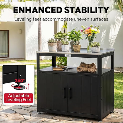 Feasto Metal Outdoor Potting Bench with Storage Cabinet for Garden Work | Durable Metal Cabinet & Stainless Steel Top, Open Middle Shelf, Raised Edge & Adjustable Feet, for Patio, Lawn & Greenhouse