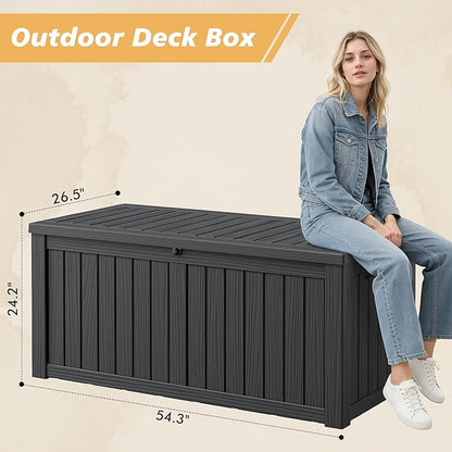 Fancyango 150 Gallon Outdoor Deck Box Waterproof, Large Storage Box for Patio, Resin Storage Bench Lockable for Garden Tools, Package Delivery, Black