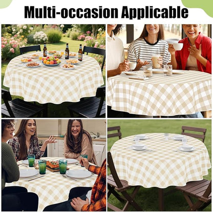 Smiry Oval Table Cloth, Vinyl Tablecloths with Flannel Backing, 60"x102" | Waterproof Picnic Table Cloth, Wipeable Buffalo Plaid Table Cover for Indoor and Outdoor (White & Beige)