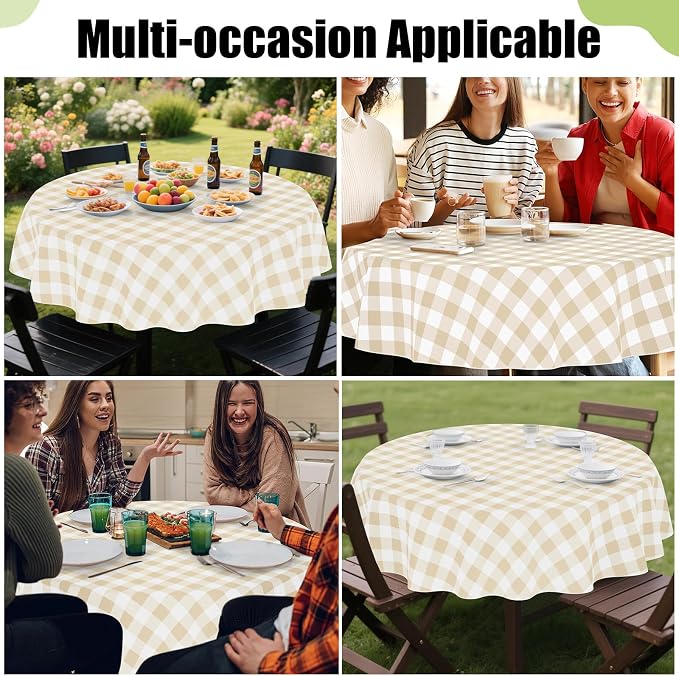 Smiry Oval Table Cloth, Vinyl Tablecloths with Flannel Backing, 60"x84" | Waterproof Picnic Table Cloth, Wipeable Buffalo Plaid Table Cover for Indoor and Outdoor (White & Beige)
