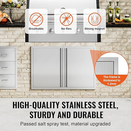 VEVOR BBQ Access Door, 36W x 24H Inch Double Outdoor Stainless Steel Flush Mount Vertical Door with Recessed Handles for BBQ Island, Grilling Station