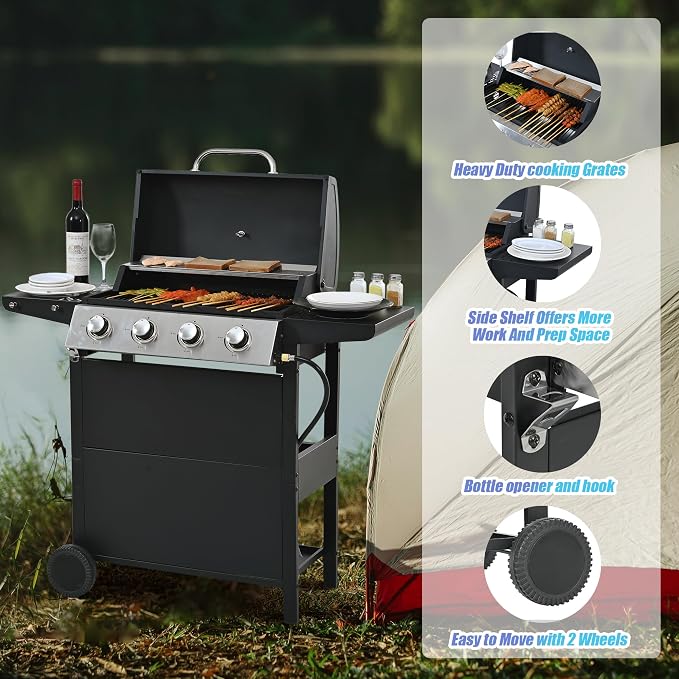 44.8 Inch Outdoor Kitchen Island, 4 Burner 34,000 BTU Stainless Steel Propane Gas Grill Bar with Two Shelves, Lid, Wheels and Bottle Opener