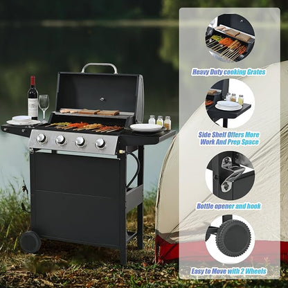 44.8 Inch Outdoor Kitchen Island, 4 Burner 34,000 BTU Stainless Steel Propane Gas Grill Bar with Two Shelves, Lid, Wheels and Bottle Opener
