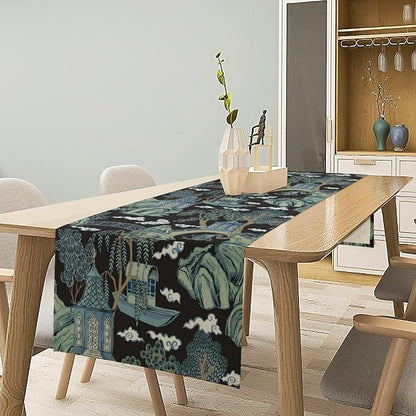 Chinese Landscape Table Runner Oriental Vintage Chinoiserie Black Blue Mountains Pagoda Boat Bridge Pine Trees Dinner Runner for Wedding Party Holiday Kitchen Dining Home Decor 13x108in