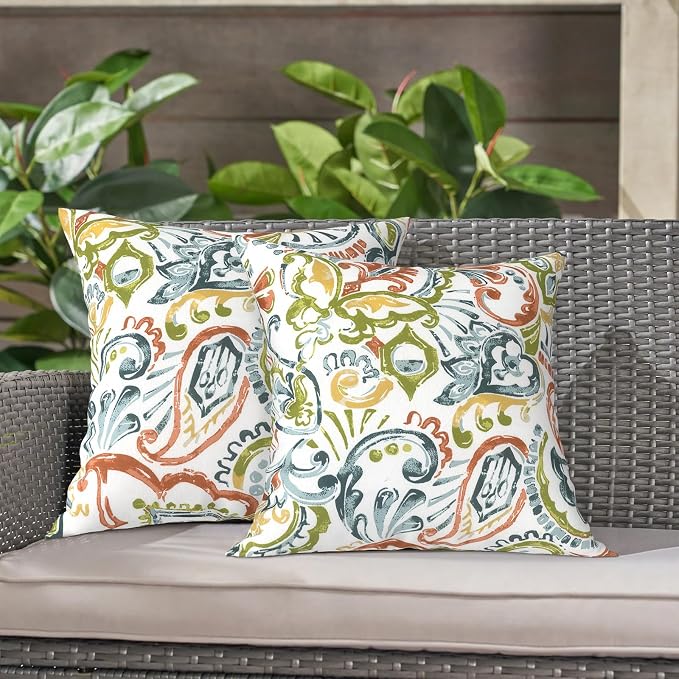 LVTXIII 2 Pack Outdoor Throw Pillow Covers for Patio Furniture, 16x16 Inch Square Pillow Case, Water-Repellent Cushion Covers for Garden, Porch, Sofa, Paisley Botanical
