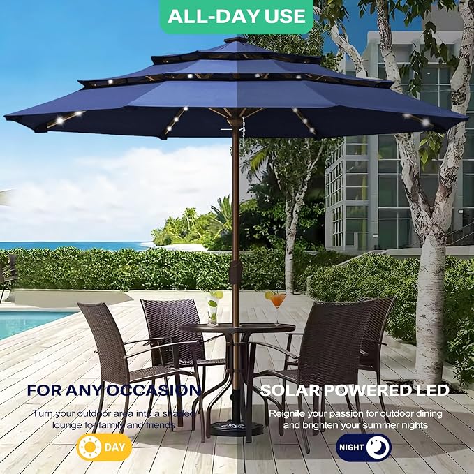 EliteShade USA 10-Year-Non-Fading 10ft 3-Tier Market Patio Umbrella, Commercial Table Umbrella with 80 Solar LED Lights, Crank Open, Windproof & UPF 50+ UV Protection for Garden, Deck, Pool, Backyard, No Tilt, Navy Blue