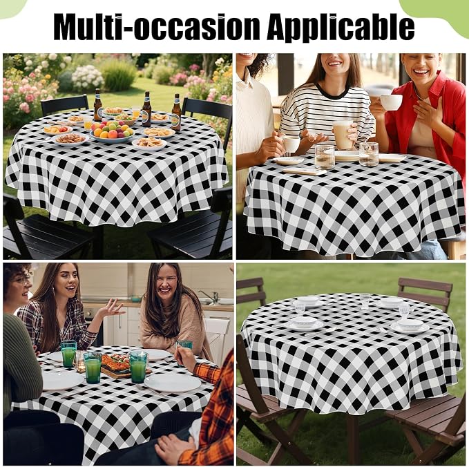 Smiry Picnic Table Cloth, Vinyl Tablecloths with Flannel Backing, 60" Round | Waterproof Picnic Table Cloth, Wipeable Buffalo Plaid Table Cover for Indoor and Outdoor (Black & White)