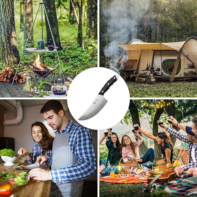 FINTISO Viking Butcher Knife, 6.9 Inch Hand Forged Meat Cleaver Knife with 5-Layer High Carbon Stainless Steel, Full Tang G10 Handle, Ideal for Kitchen, BBQ, Camping & Outdoor Cooking