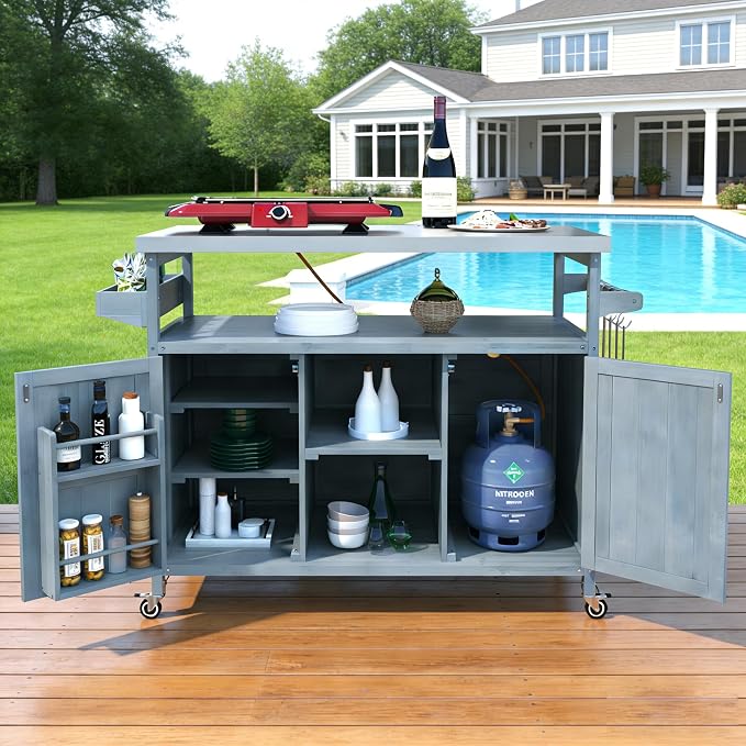 Bellemave Outdoor Kitchen Island with Stainless Steel Top, Rolling Bar Cart & Storage Cabinet, Outdoor Grill Cart with Spice & Towel Rack, Rolling Island Table for Kitchen & BBQ, Grey Blue