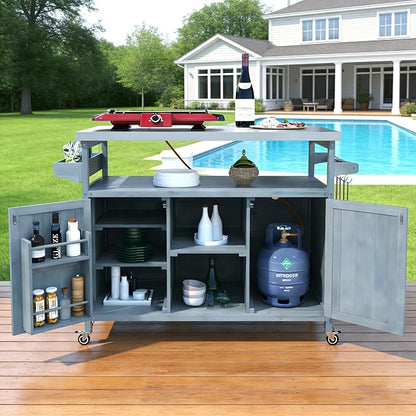Bellemave Outdoor Kitchen Island with Stainless Steel Top, Rolling Bar Cart & Storage Cabinet, Outdoor Grill Cart with Spice & Towel Rack, Rolling Island Table for Kitchen & BBQ, Grey Blue