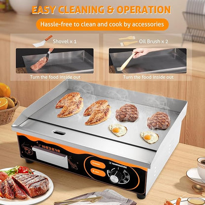 WICHEMI Electric Grill Commercial Griddle Flat Top Grill Teppanyaki Grill | 22" Stainless Steel Electric Griddle, 110V 3000W High Power, Large Cooking Surface, Non-Stick, Collect Grease For Cleanup
