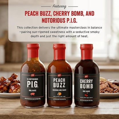 PS Seasoning Sweet Spicy BBQ Sauce Variety 3 Pack - Peach Buzz, Cherry Bomb, and Notorious PIG Gourmet Barbecue Sauce Set for Grilling Cooking Marinades Glazing Gift Pack Premium Flavor Collection