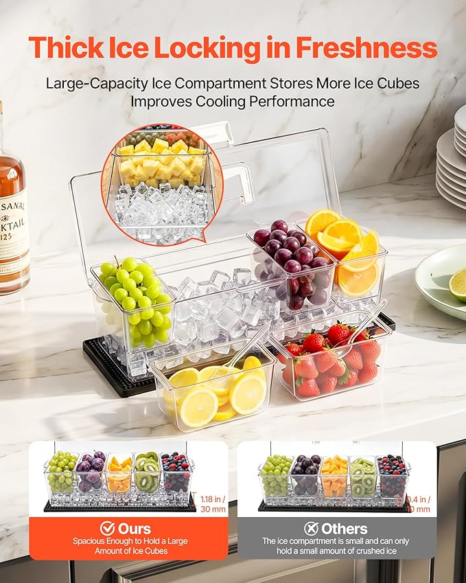 VEVOR Chilled Condiment Server Caddy, 5 Compartment Ice Cooled Serving Container, Plastic Fruit Garnish Tray Platter with Lid, for Taco Salad Bar Accessories, Party Home Restaurant Supplies