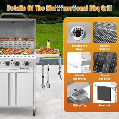 COWSAR 4-Burner Propane Gas Grill, 32K BTU, Stainless Steel BBQ, Outdoor | 4-Burner Propane Grill, 32K BTU, Stainless Steel & Foldable Tables, Outdoor BBQ Patio, Thermometer & Lockable Casters