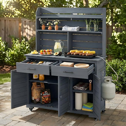 Outdoor Grill Cart with Storage Cabinet, Wood Outdoor Kitchen Island Prep Cart Grill Station for Food Prep and BBQ, Gray