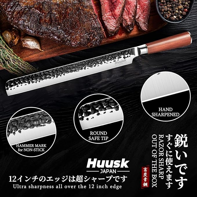Huusk Japanese Carving Knife - 11" Brisket Slicing Knife for Meat Cutting Made by High Carbon Steel, Hand Forged Ultra Sharp BBQ Knives for Meat Grilling Roast, Gift Idea for Men Dad Smoker