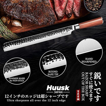 Huusk Japanese Carving Knife - 11" Brisket Slicing Knife for Meat Cutting Made by High Carbon Steel, Hand Forged Ultra Sharp BBQ Knives for Meat Grilling Roast, Gift Idea for Men Dad Smoker