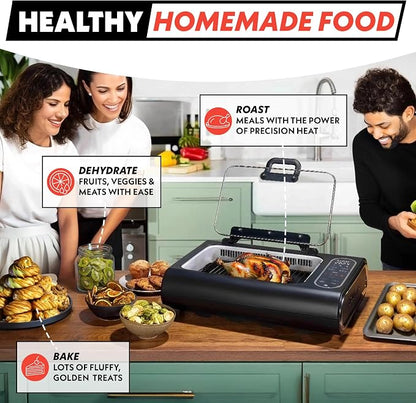Gourmia Smokeless Indoor Grill - Air Fryer Combo with Smoke Extractor, 5 Cooking Presets, Grill, Air Fry, Roast, Bake, Dehydrate, Countertop Cooker, Glass Lid