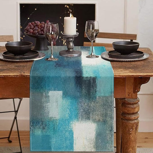 Emvency Farmhouse Table Runner, Modern Teal and Grey Abstract Art Painting for Kitchen Coffee Table Family Dinners Holiday Parties Wedding Events Decor(13x108 inch)