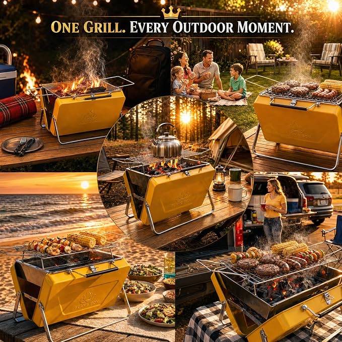 Ranger Portable Charcoal Grill – Compact Lunchbox‑Style Folding BBQ for Camping & Beach| Dual‑Zone Heating, Stainless Steel Body, 3-sec Setup, Includes Tong & Cleaning Brush, Serve 2-3 people
